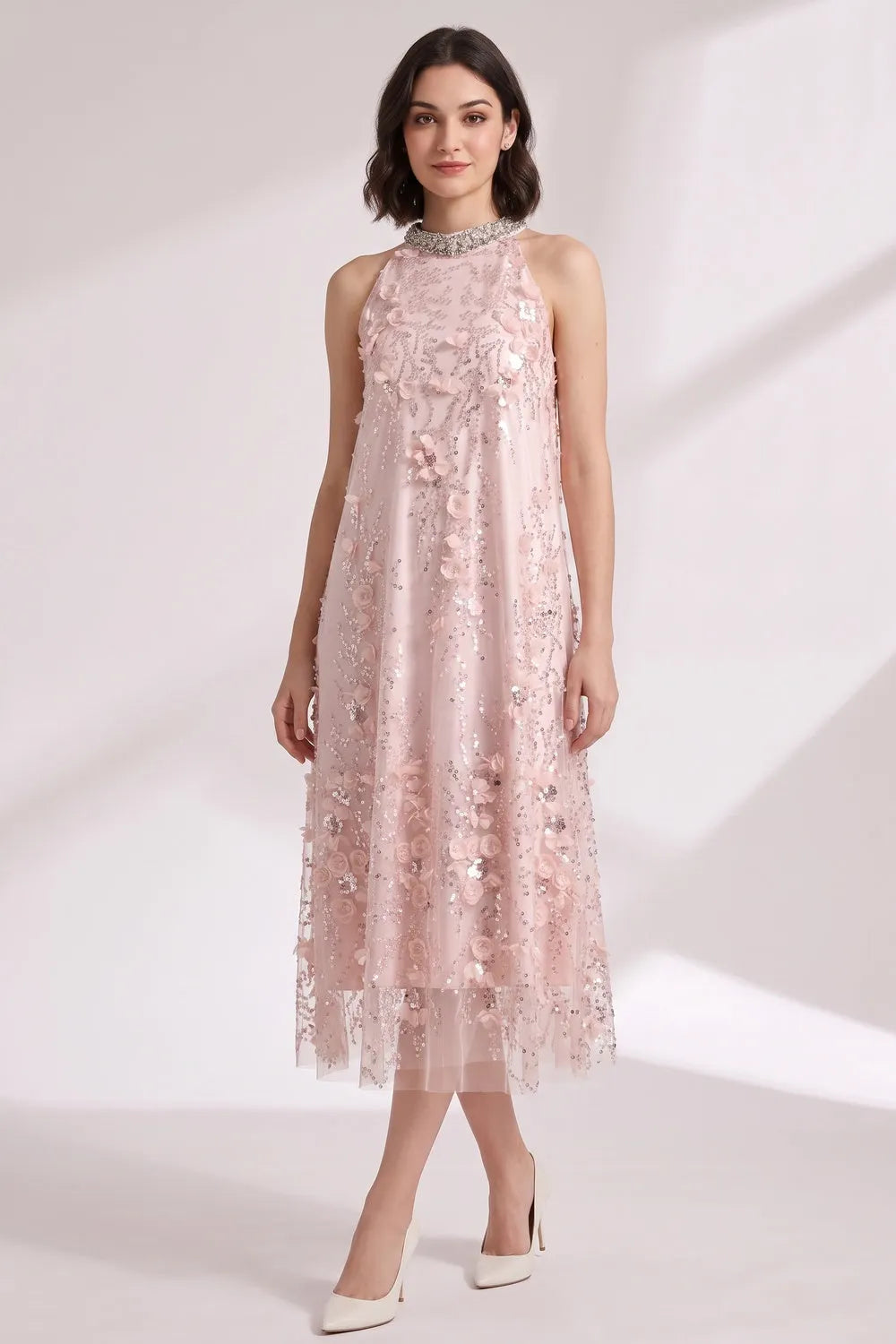 Blush Pink Tulle Mesh A-Line Shift Dress with Floral Embellishment Flowering Girl