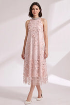 Blush Pink Tulle Mesh A-Line Shift Dress with Floral Embellishment Flowering Girl