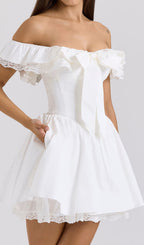 Devona White Off-Shoulder Bow Mini Dress Flowering Girl