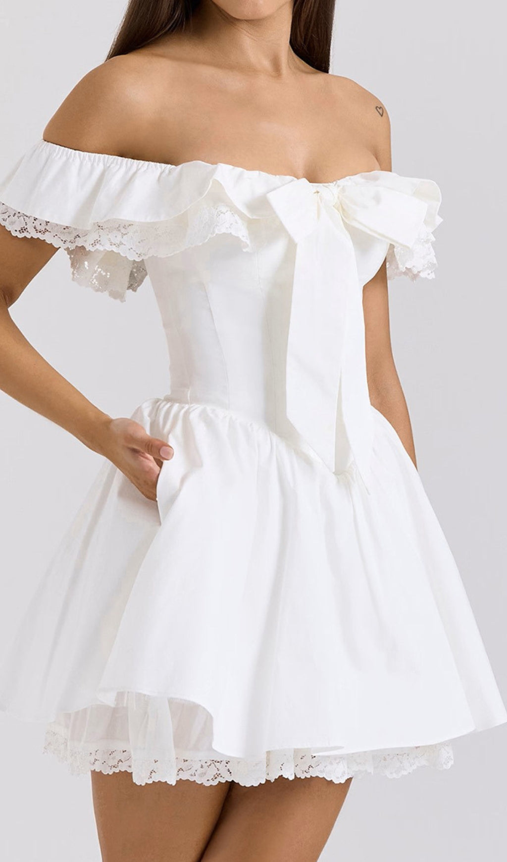 Devona White Off-Shoulder Bow Mini Dress Flowering Girl