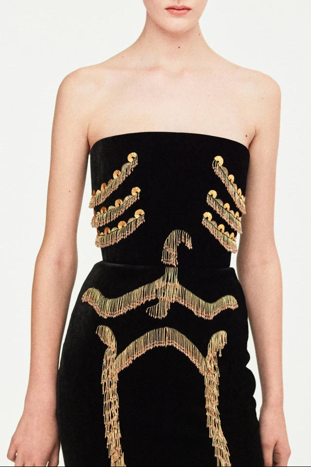 Yuri Skeleton Tassel Embellished Bustier Mini Dress In Black Flowering Girl