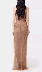 Anandi Brown Mesh Corset Maxi Dress Flowering Girl