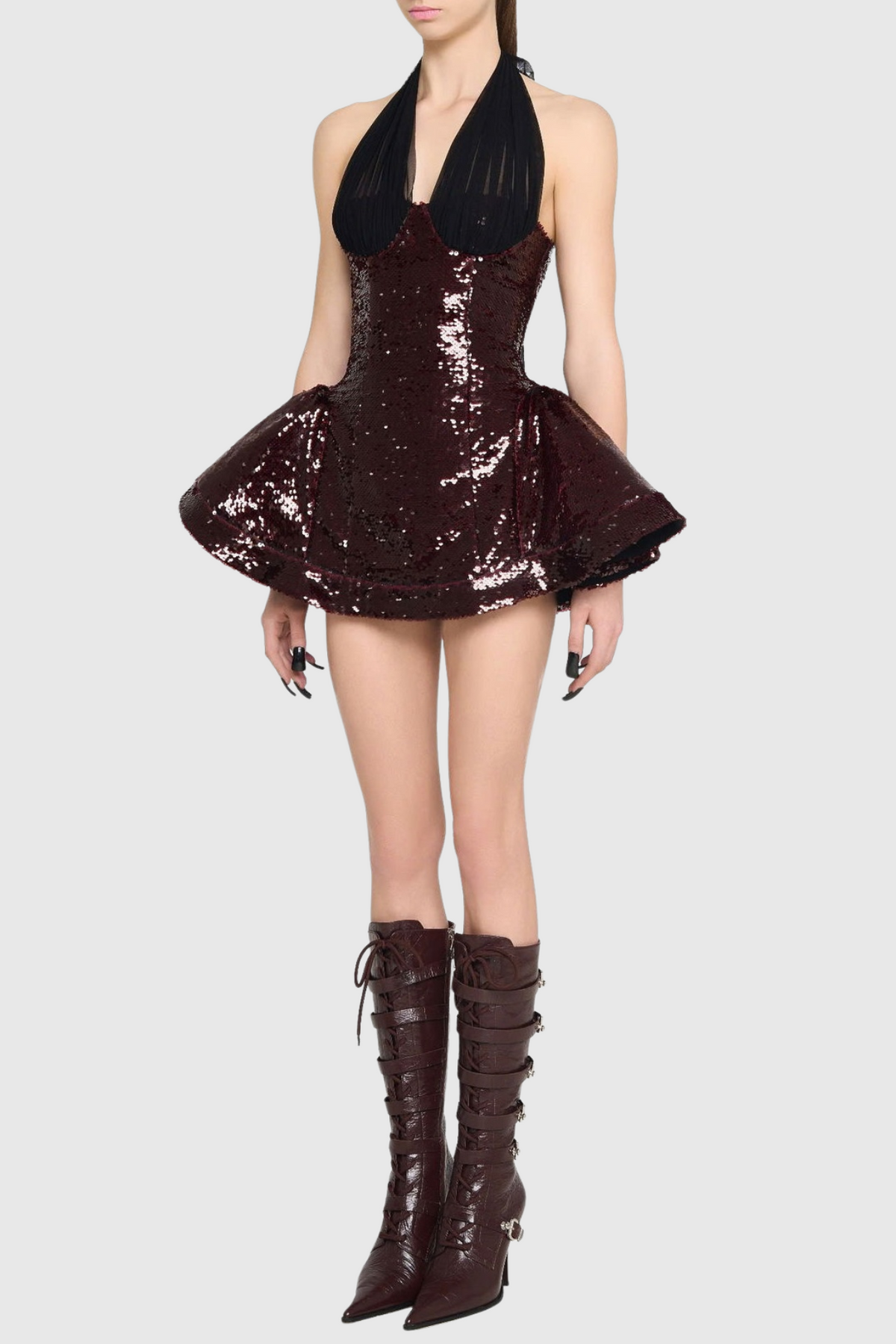 Giselle Sequin Halter Mini Dress In Merlot Flowering Girl