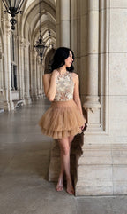 Ballerina | Beige Tulle Mini Dress With 3D Applique Flowering Girl
