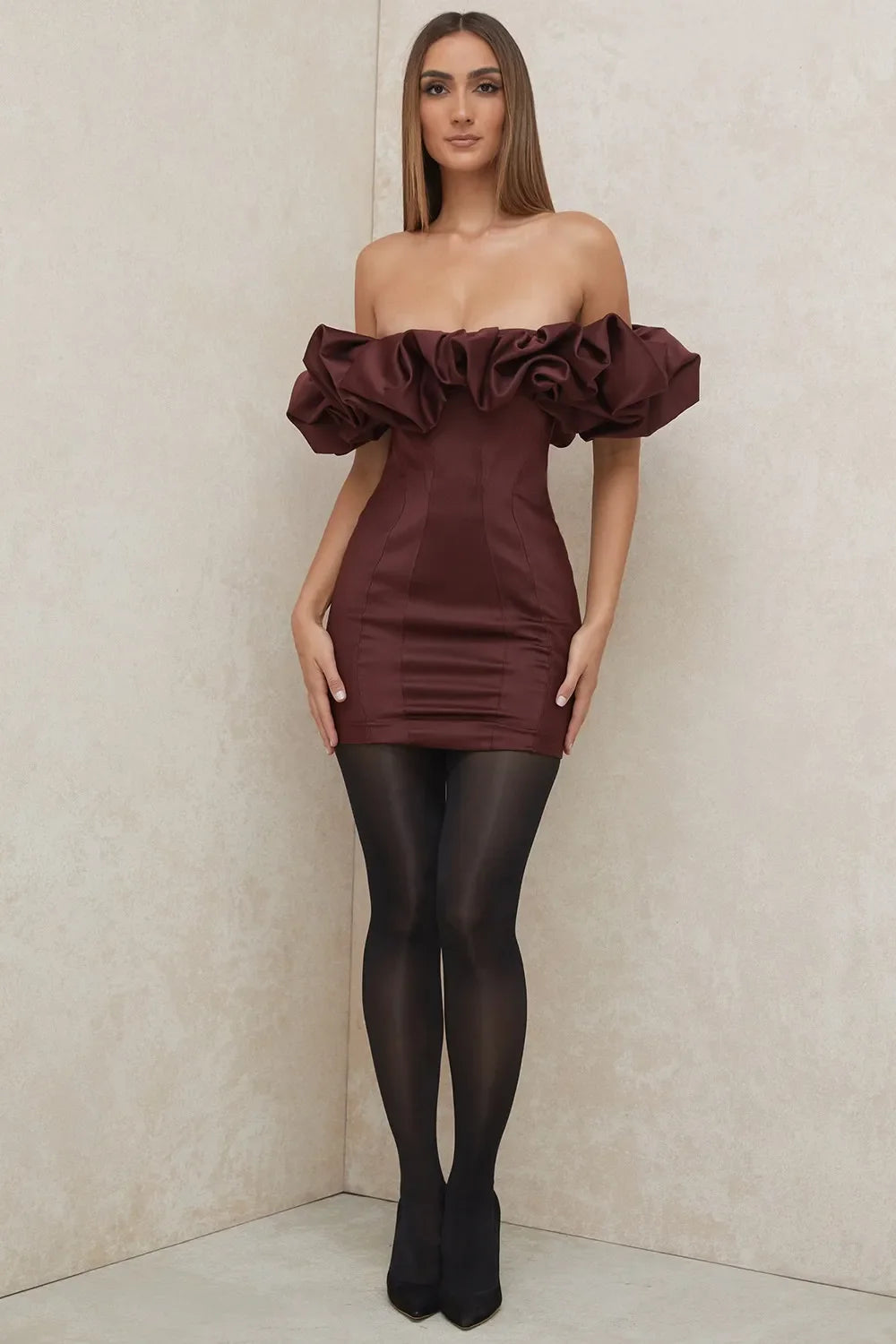 Burgundy Satin Ruffle Strapless Mini Dress Flowering Girl