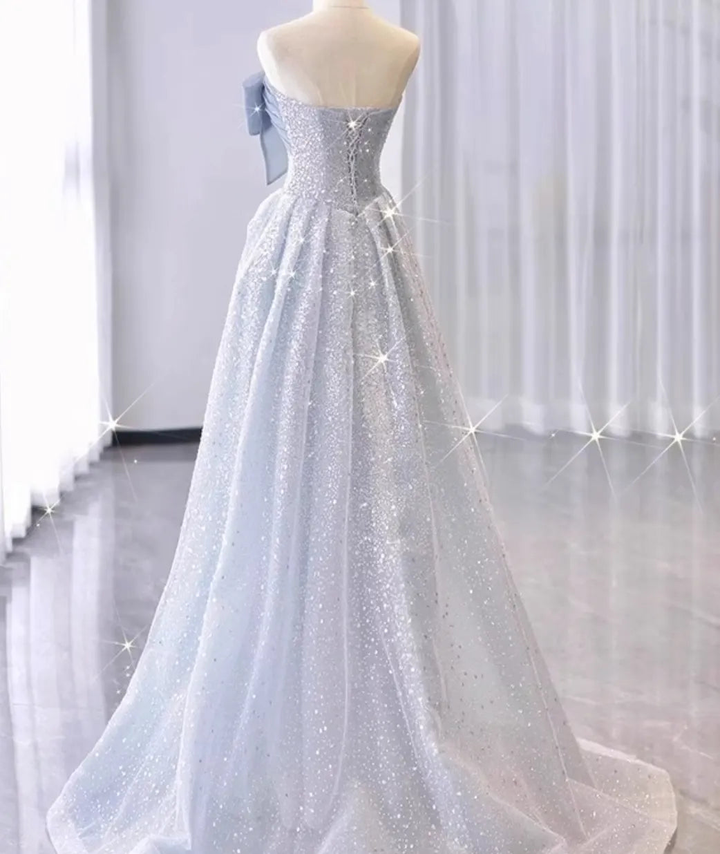 Silver-Blue Glitter Tulle A-Line Evening Gown Flowering Girl