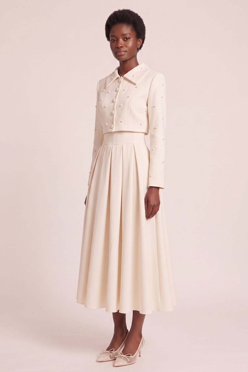Pearl Embellished Collar Crop Blazer &amp; High Waist Pleated Midi Skirt Two Piece Set Flowering Girl