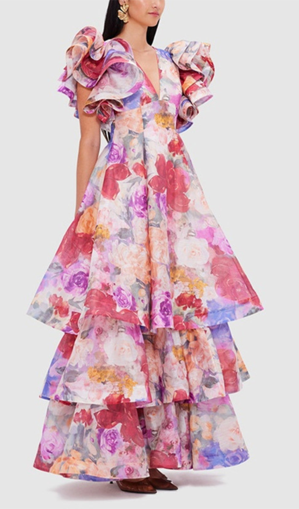 Élodie Floral-Print Ruffled Gown Flowering Girl