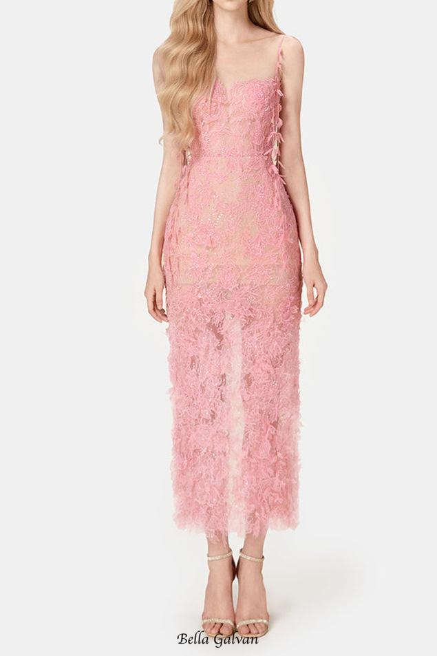 PINK BEADED LACE PENCIL MIDI DRESS Flowering Girl
