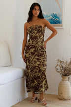 print satin maxi dress in brown Flowering Girl