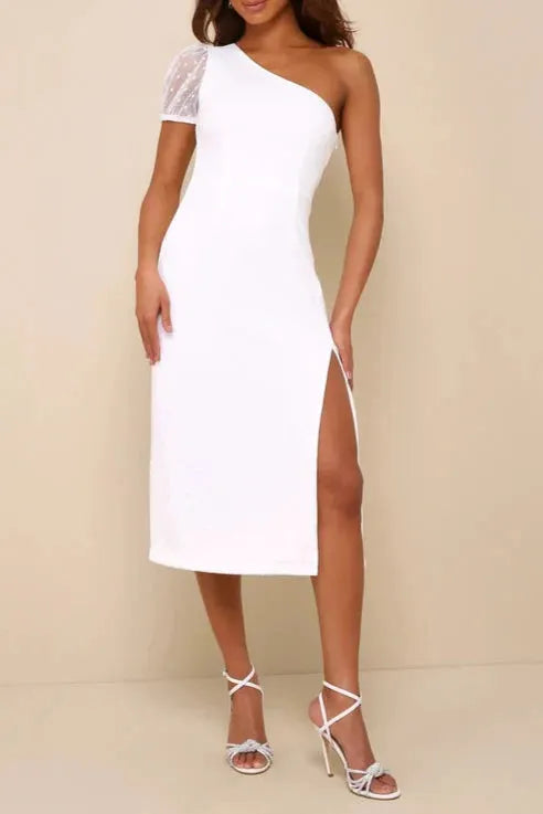 Amazing Glamour White Polka Dot Mesh One-Shoulder Midi Dress Flowering Girl