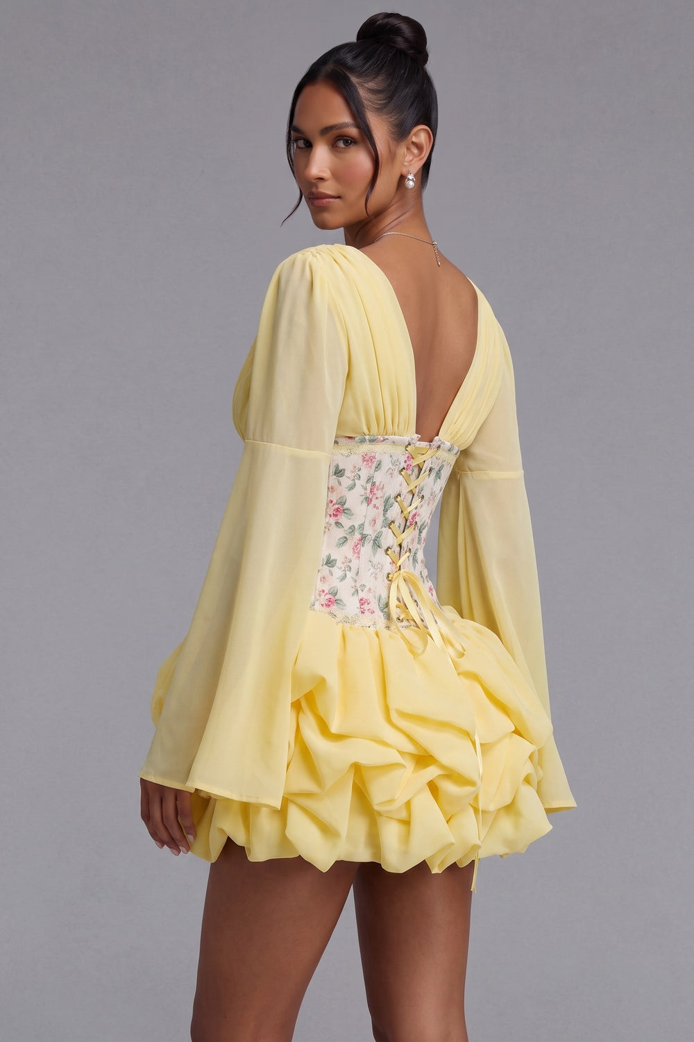 Pastel Yellow Chiffon Fit-and-Flare Mini Dress with Corset Bodice Flowering Girl