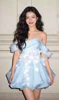 Krissa Blue Off-Shoulder Flower Mini Dress Flowering Girl