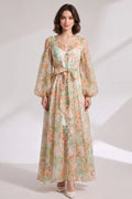 White Sheer Chiffon A-Line Flowy Maxi Dress with Cold-Shoulder Balloon Sleeves Flowering Girl