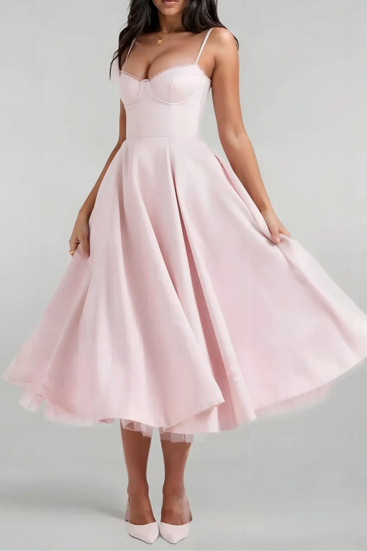 Satin Corset Tulle Layered A-Line Midi Dress - Baby Pink Flowering Girl