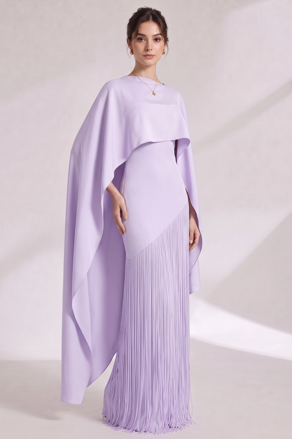 Lavender Structured Crepe Column Evening Gown with Asymmetrical Cape Overlay Flowering Girl