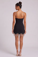 Black Structured Stretch Woven Bodycon Mini Dress with Rhinestone Fringe Flowering Girl