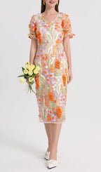 Fujiye V-Neck Flower Embroidery Midi Dress Flowering Girl