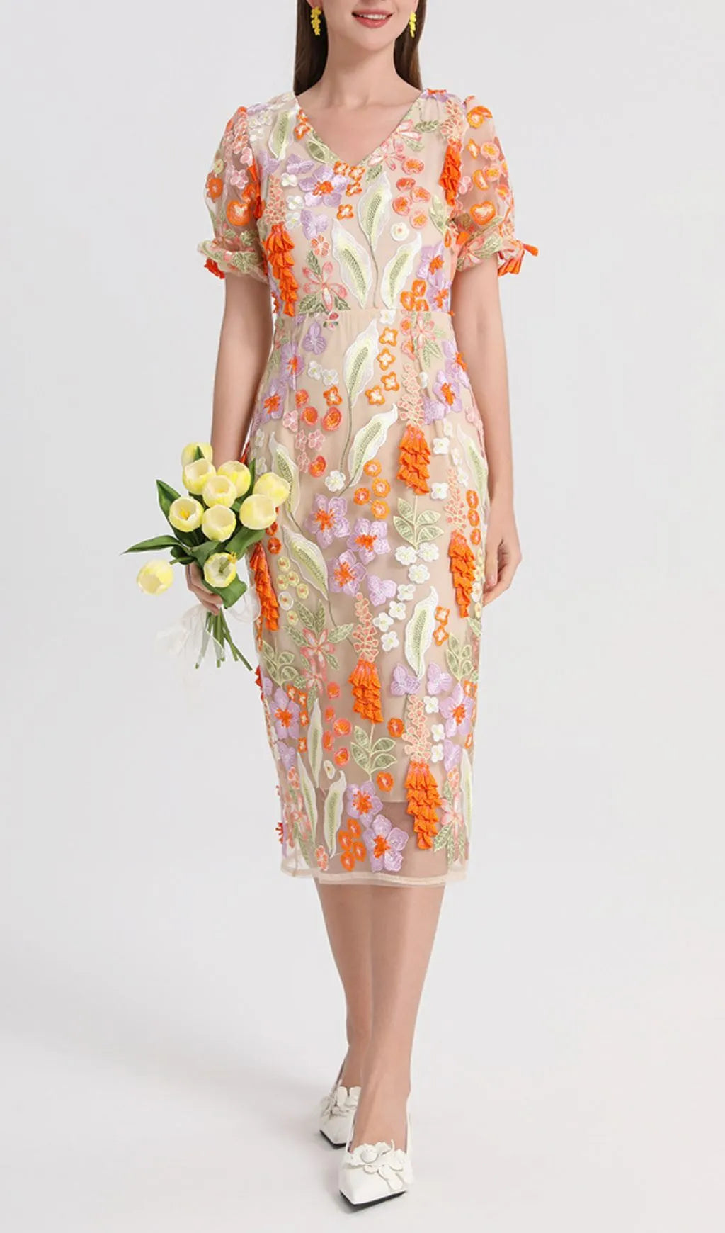 Fujiye V-Neck Flower Embroidery Midi Dress Flowering Girl