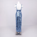 Roberta Deep V-Neck Sequin Column Gown In Blue Flowering Girl