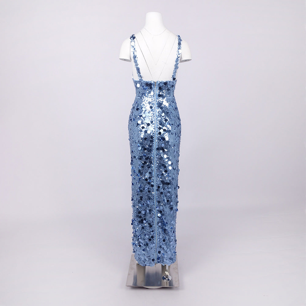 Roberta Deep V-Neck Sequin Column Gown In Blue Flowering Girl