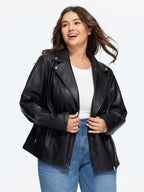 Lapel Collar Asymmetric Zipper Pocket Biker Jacket Flowering Girl