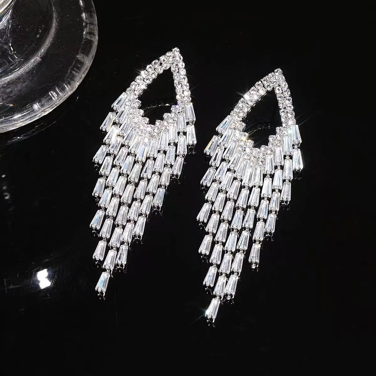 Teardrop Frame Aqua Baguette Crystal Tassel Drop Earrings Flowering Girl