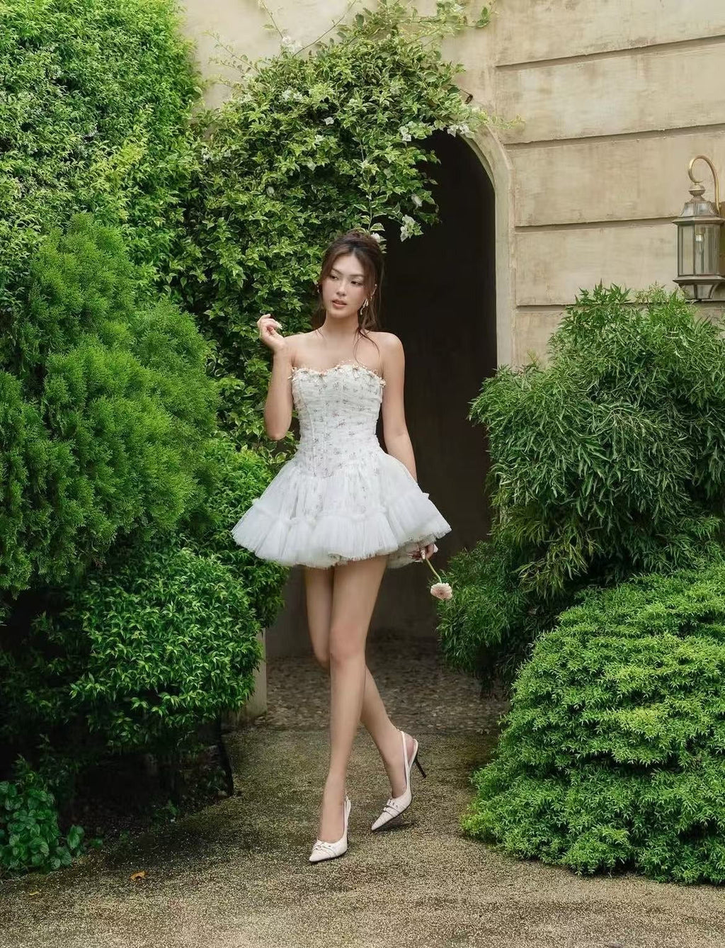 Irene Floral Print Strapless Tulle Mini Dress In White Flowering Girl
