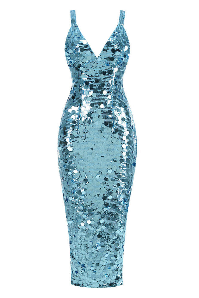 Carlin Sequin Deep V Strapless Maxi Dress In Blue Flowering Girl