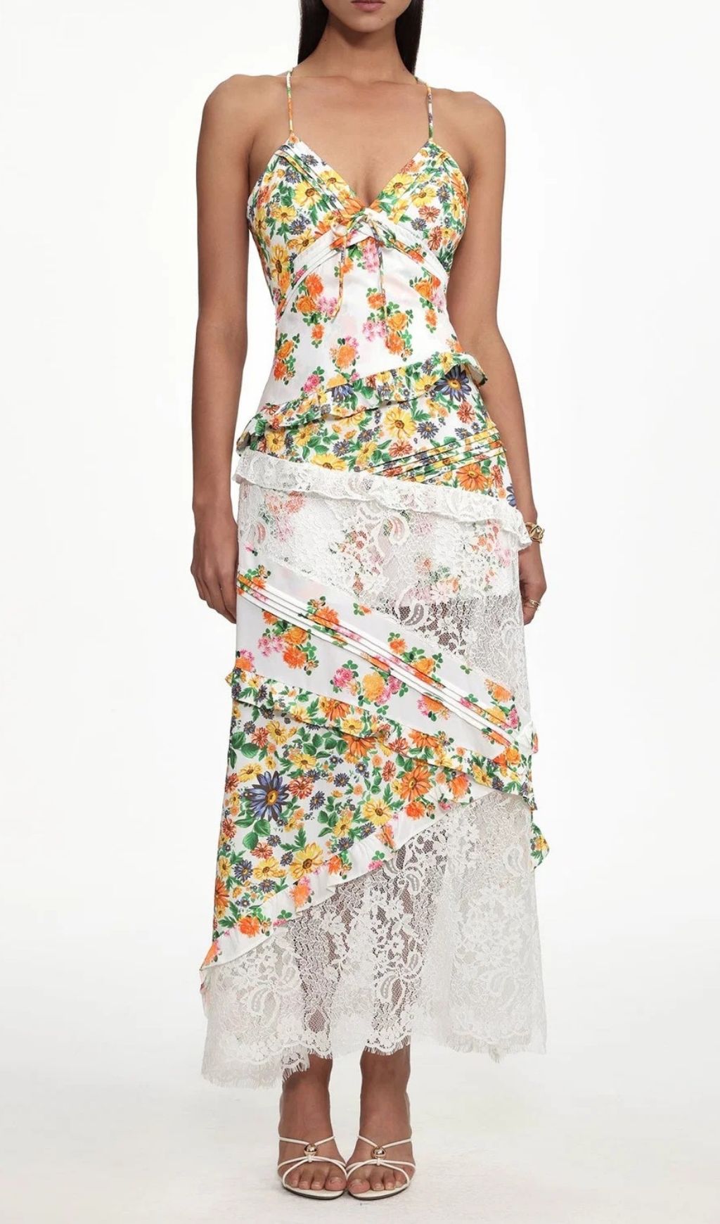 Georgia Yellow V Neck Floral Print Lace Maxi Dress Flowering Girl