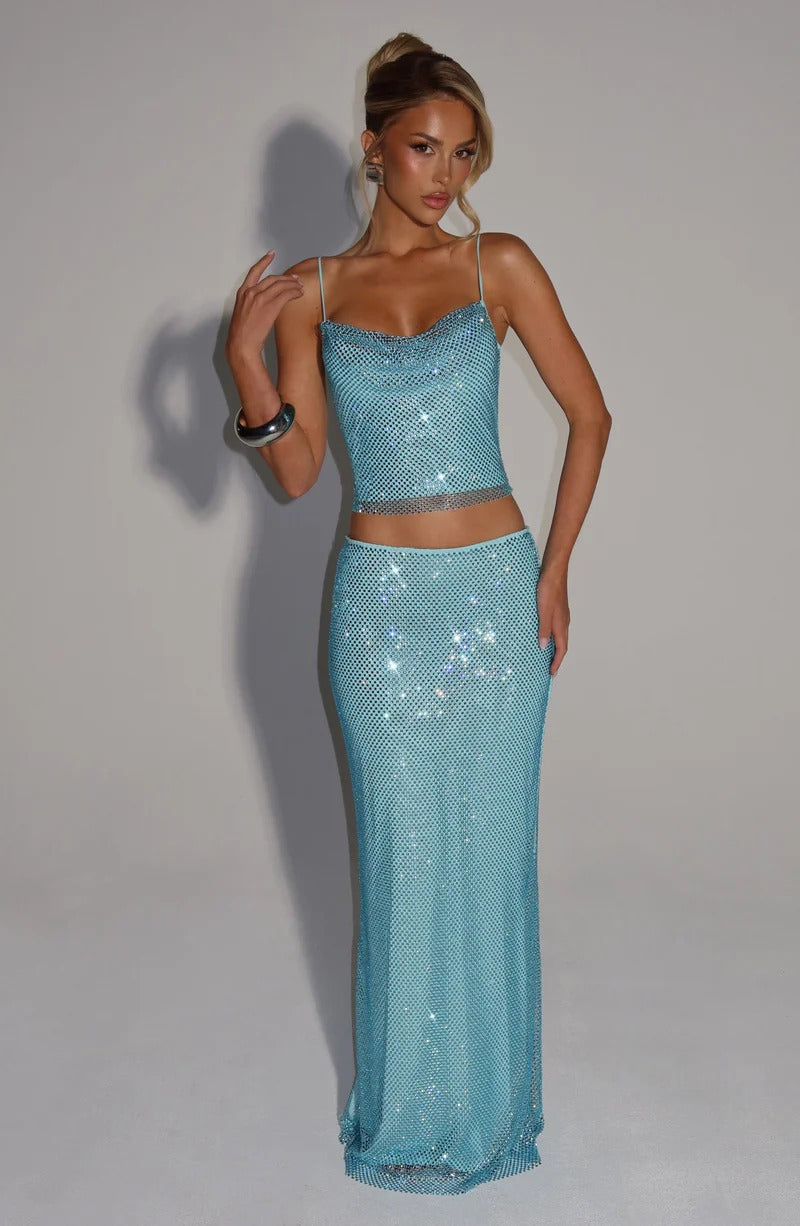 Melissa Sequin Tube Top Maxi Skirt Suit In Blue Flowering Girl