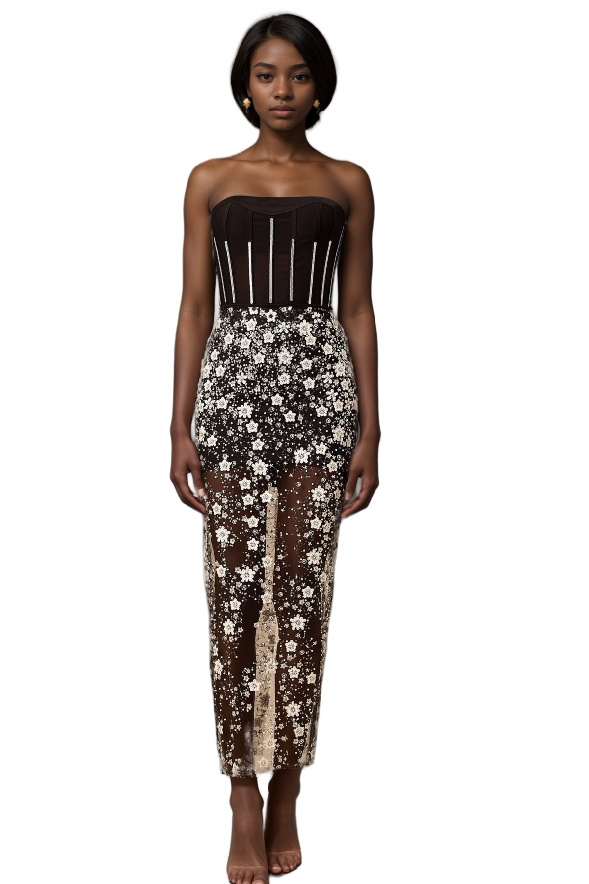 Ophélie Black Sequined Flower Corset Midi Dress Flowering Girl