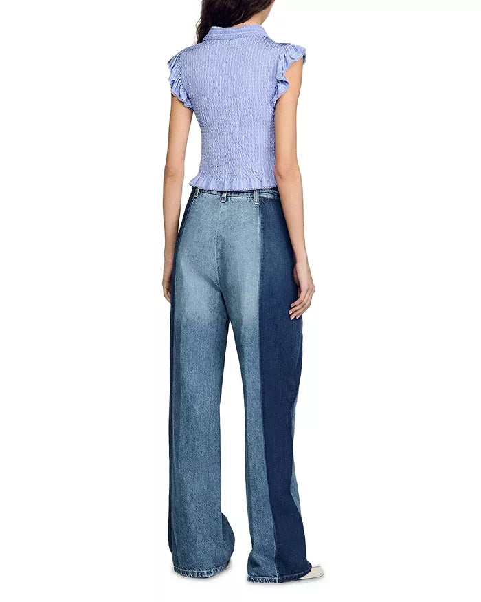 Satin Smocked Top In Sky Blue Flowering Girl