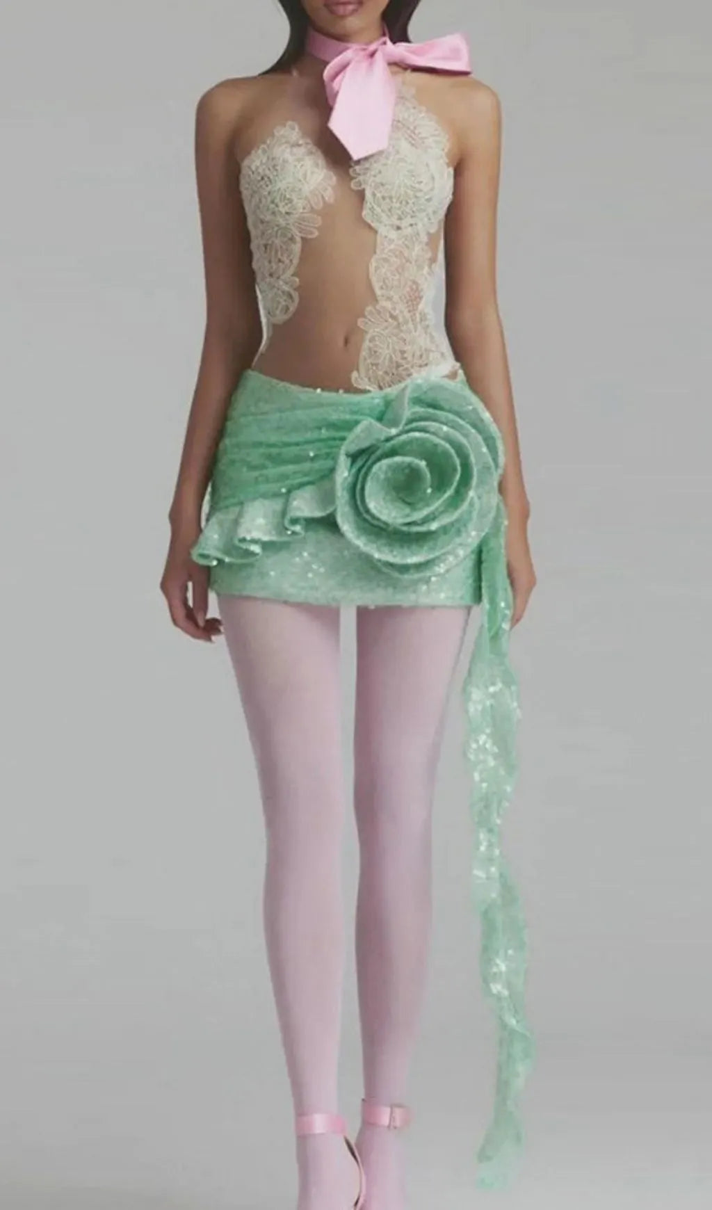 Kayla Green Lace Flower Sequin Mini Dress Flowering Girl