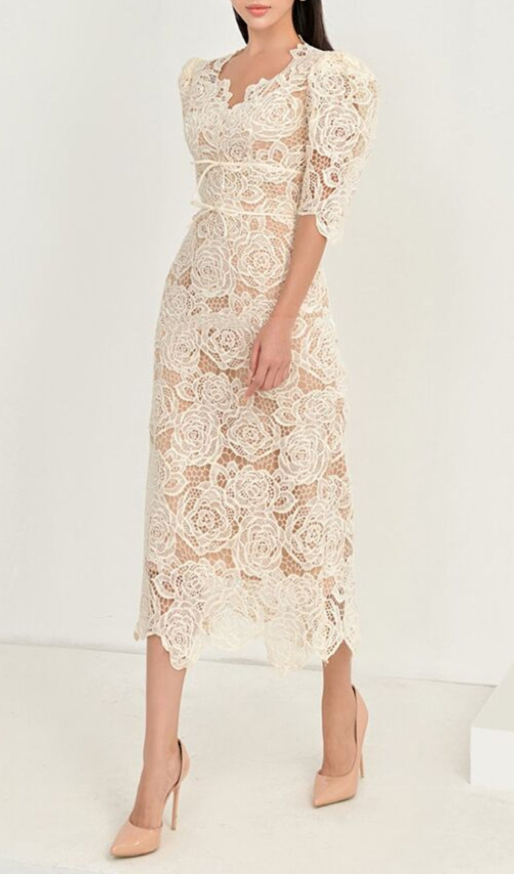 Alayja White Rose Embroidery Midi Dress Flowering Girl