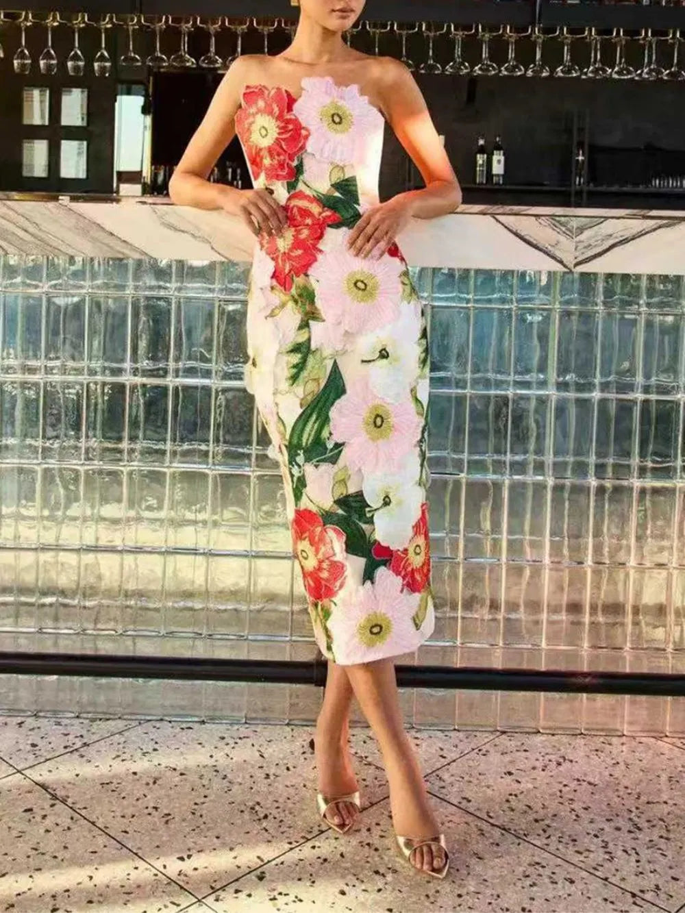 Masaye Strapless Flower Embroidery Midi Dress Flowering Girl