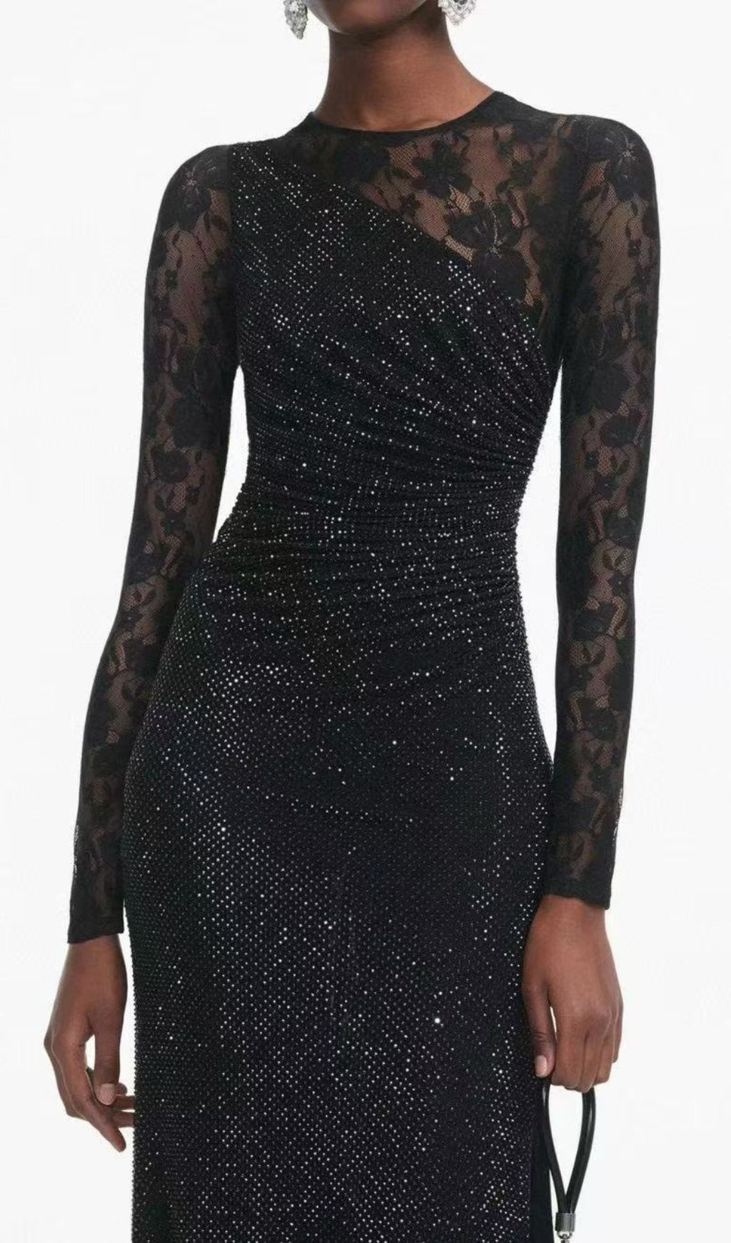Raerion Rhinestone Lace Split Maxi Dress In Black Flowering Girl
