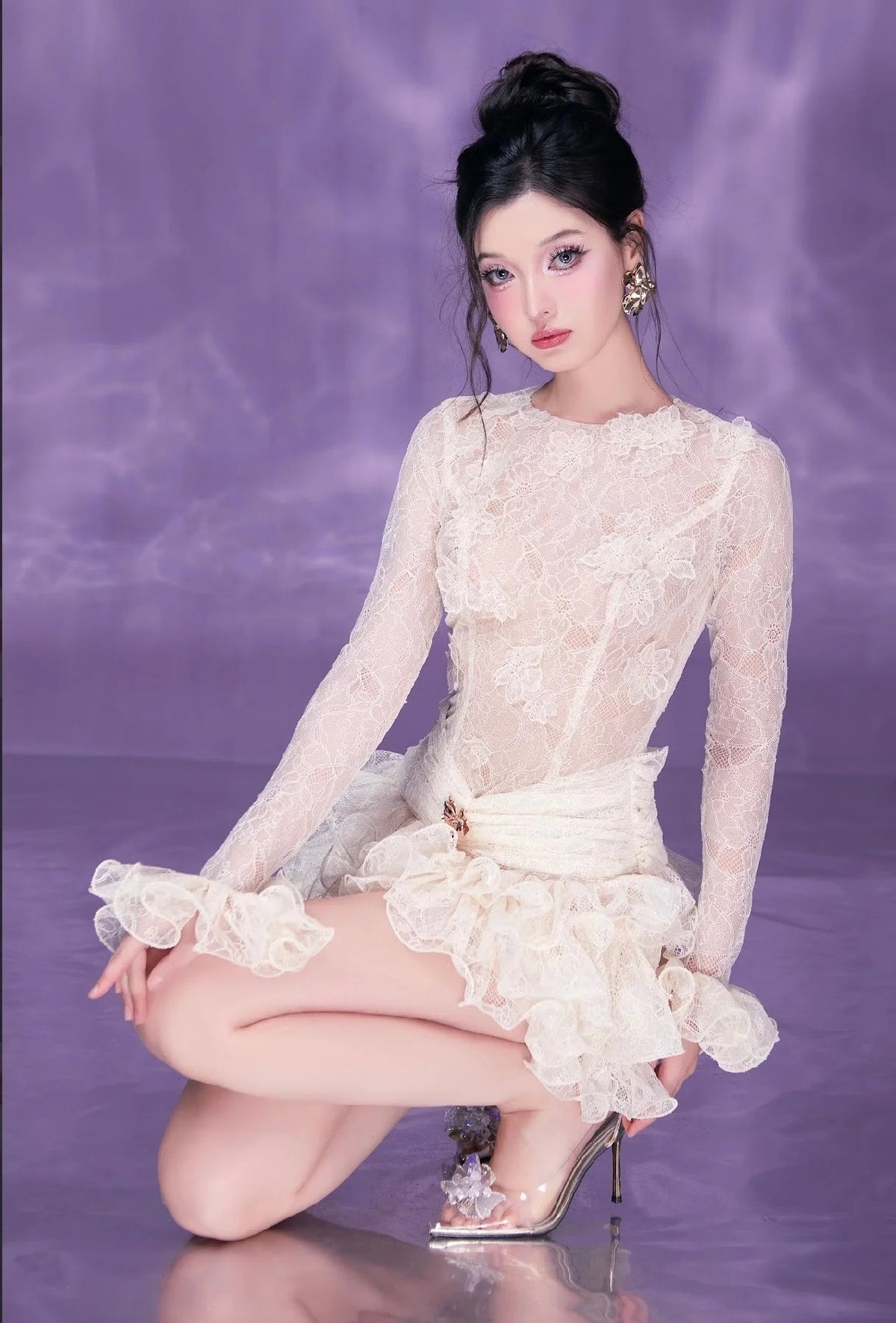 Eudora Lace Embroidery Ruched Trim Mini Dress In White Flowering Girl