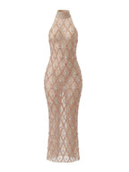 Crystal Sequin Mesh Maxi Dress Apricot Flowering Girl