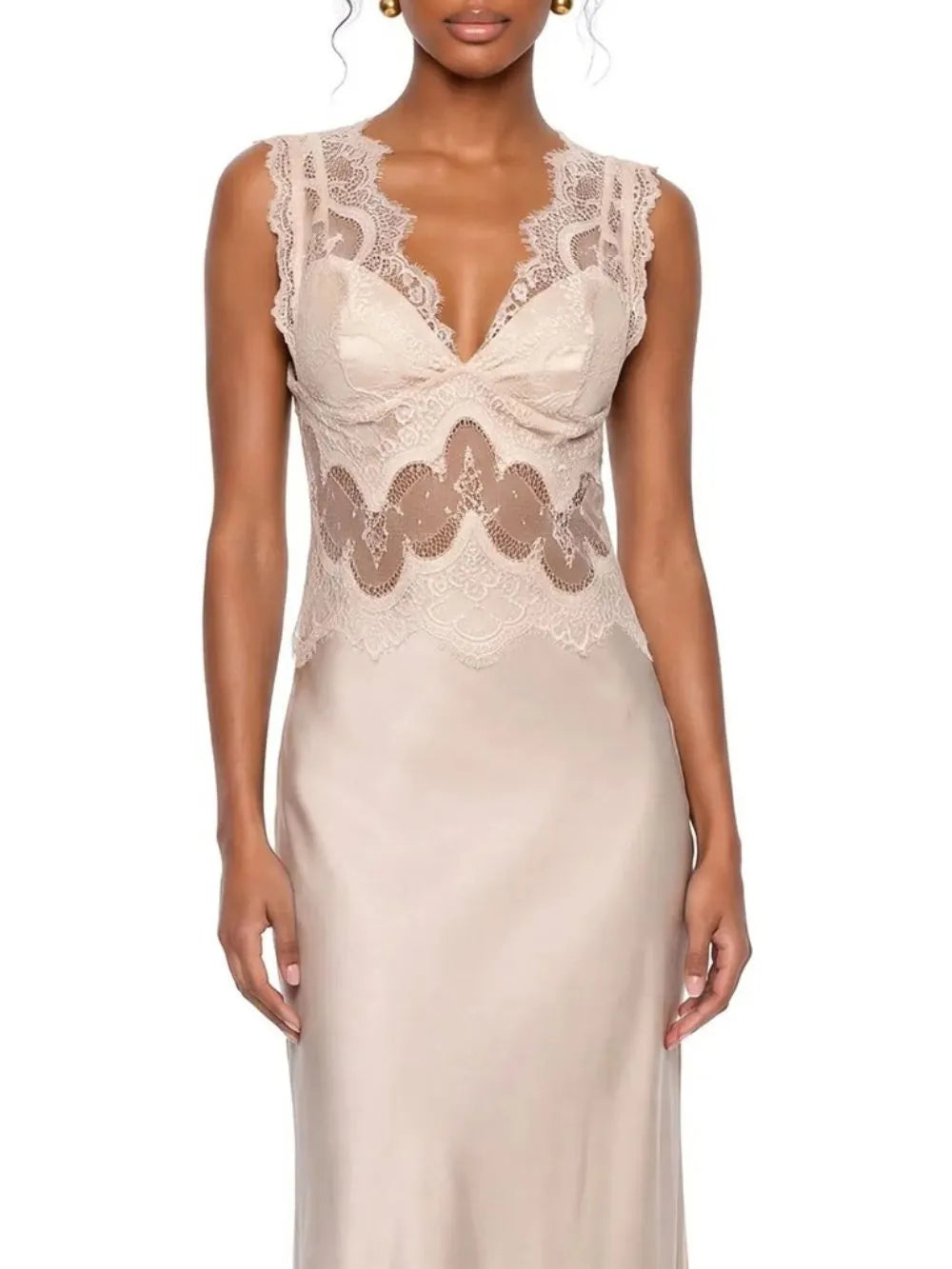 Amelqis V Neck Lace Satin Maxi Dress Flowering Girl
