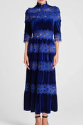 Hollow Patchwork Velvet Dress In Blue Flowering Girl