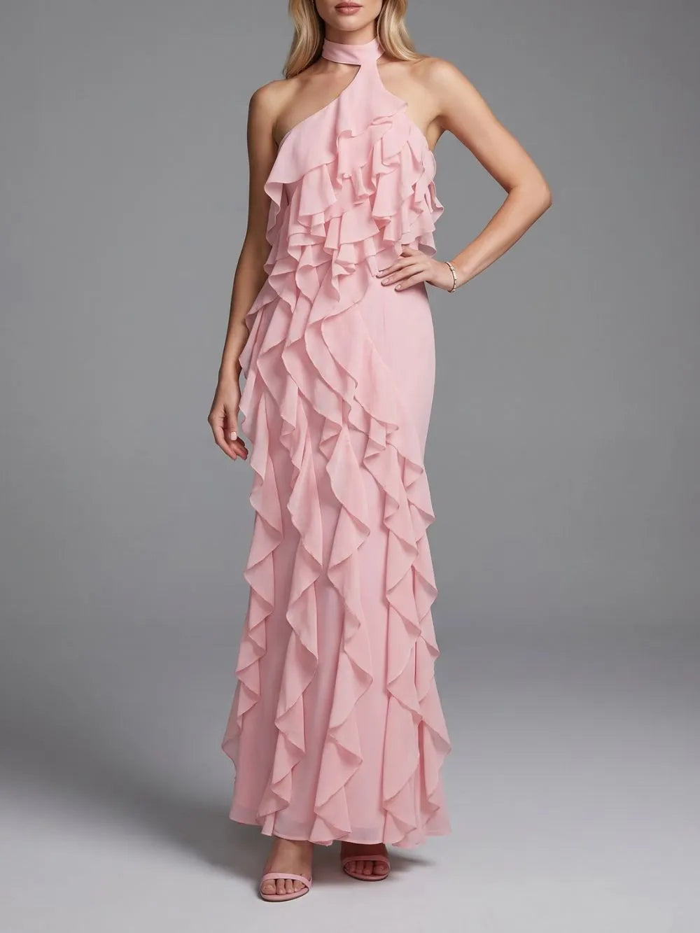 Kora Pink Halter Ruffle Maxi Dress Flowering Girl