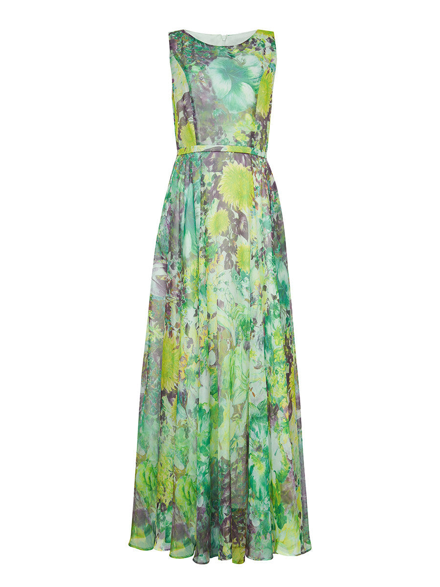 Green Flower Sleeveless Large Swing Maxi Dress Flowering Girl