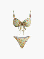 Floral Patterned Front Tie Bikini Set Flowering Girl