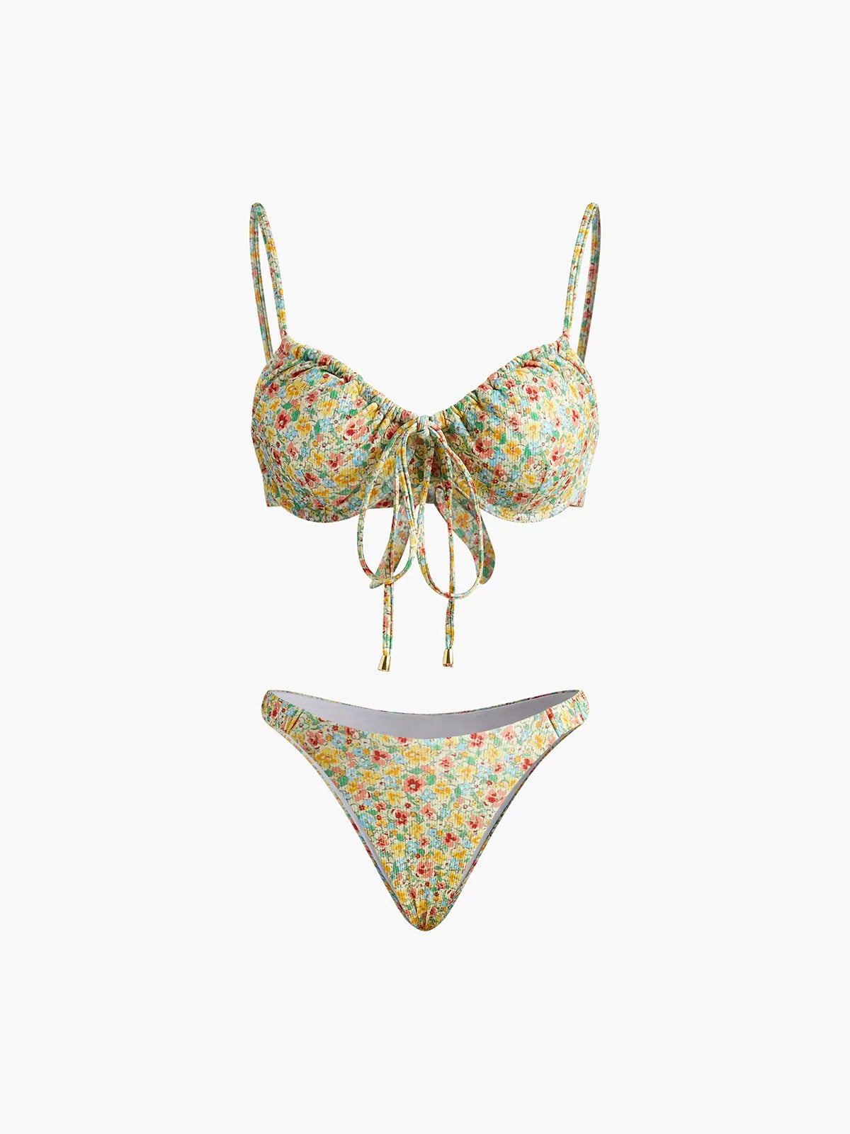 Floral Patterned Front Tie Bikini Set Flowering Girl