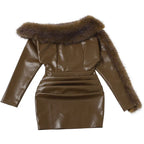 Sibyl Leather Fur Collar Asymmetrical Mini Dress In Brown Flowering Girl