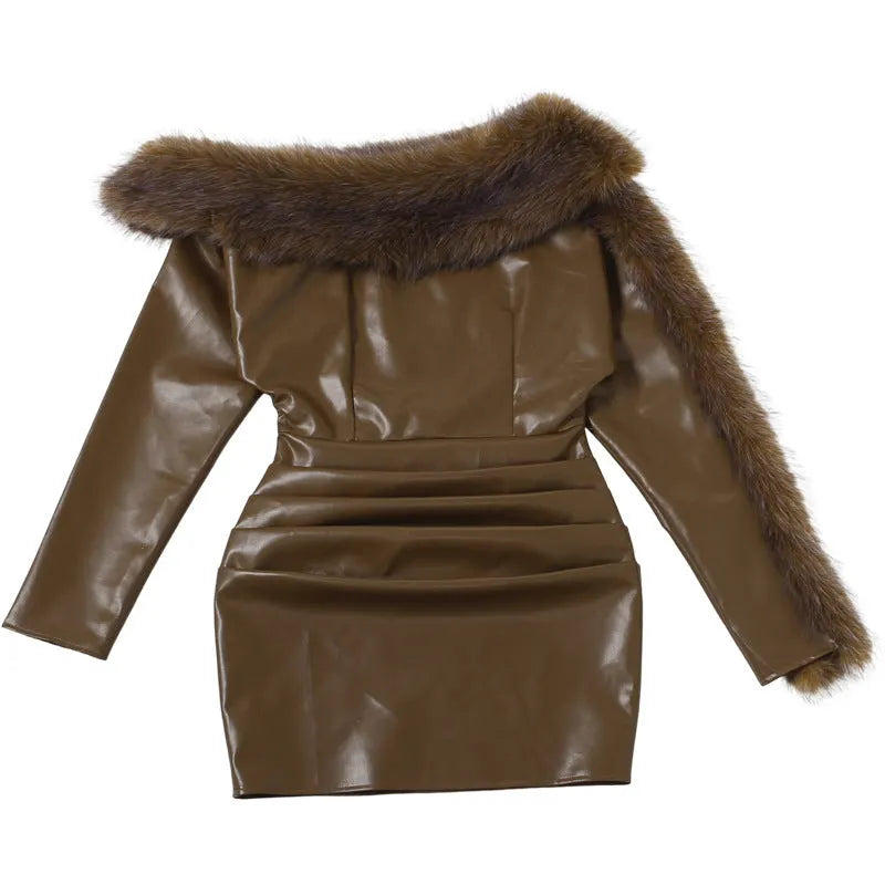 Sibyl Leather Fur Collar Asymmetrical Mini Dress In Brown Flowering Girl