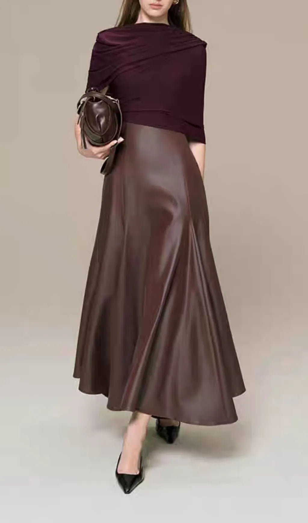 Kiona Coffee Leather Patchwork Maxi Dress Flowering Girl