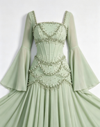 Mint Green Chiffon A-Line With Structured Corset Bodice Floor-Length Gown With Matching Long-Sleeve Shrug Flowering Girl