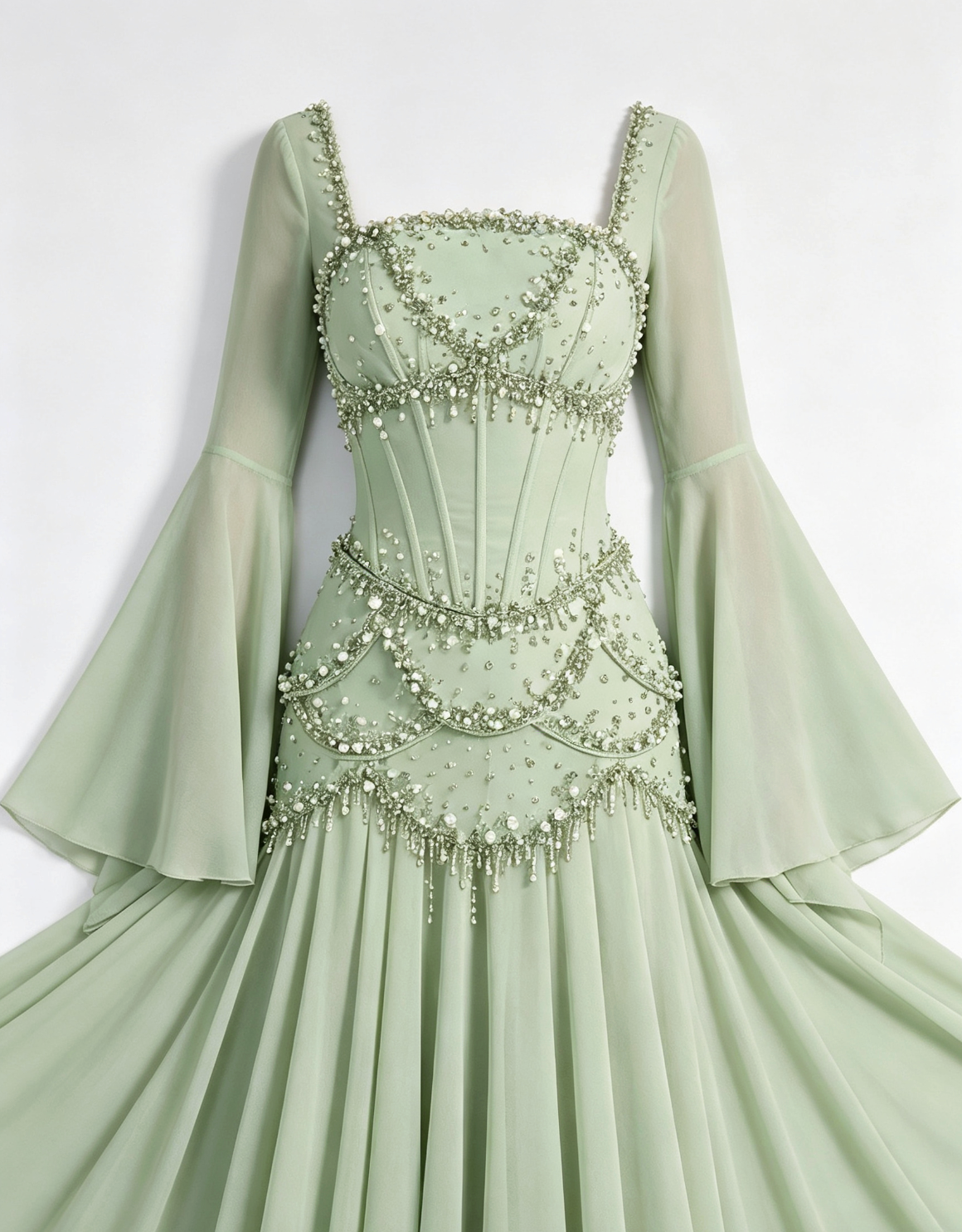 Mint Green Chiffon A-Line With Structured Corset Bodice Floor-Length Gown With Matching Long-Sleeve Shrug Flowering Girl
